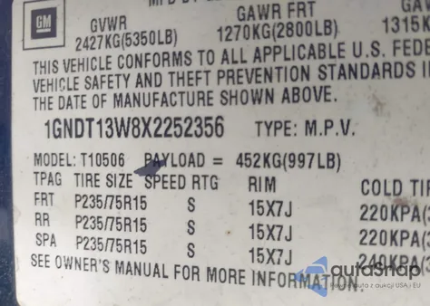 1999 Chevrolet Blazer Lt from USA, damaged, VIN 1GNDT13W8X2252356